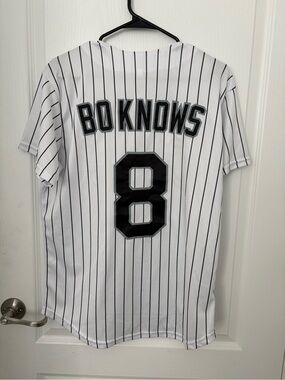 White Pinstripe 'BO KNOWS' Baseball Jersey - Number 8